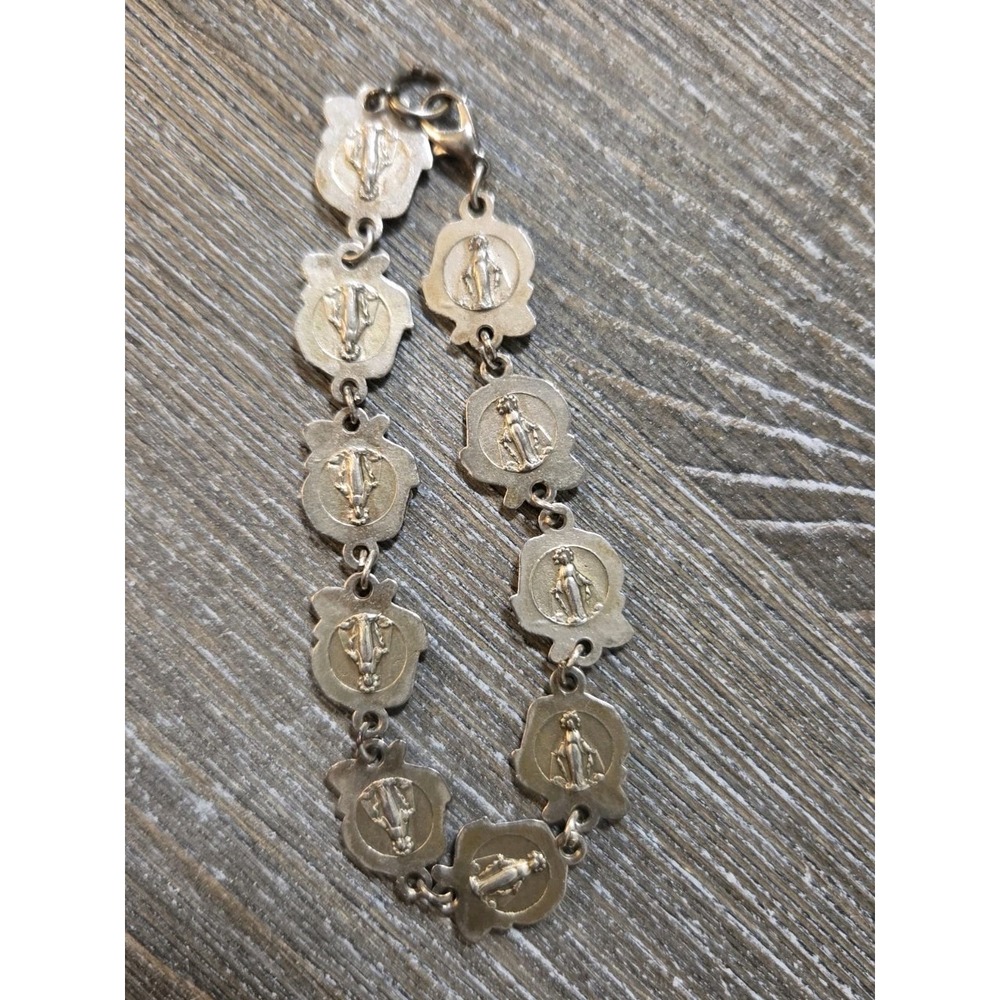 Pair Of Catholic Bracelets In Silver Tone With Roses, Saints, and Crucifix - Picture 6 of 6